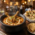 A close-up photograph of a rustic clay pot filled with creamy Indian chicken handi curry, garnished with cream and cashews, surrounded by a basket of tandoori naan bread, papadums, and a side salad of sliced vegetables and green chilies.