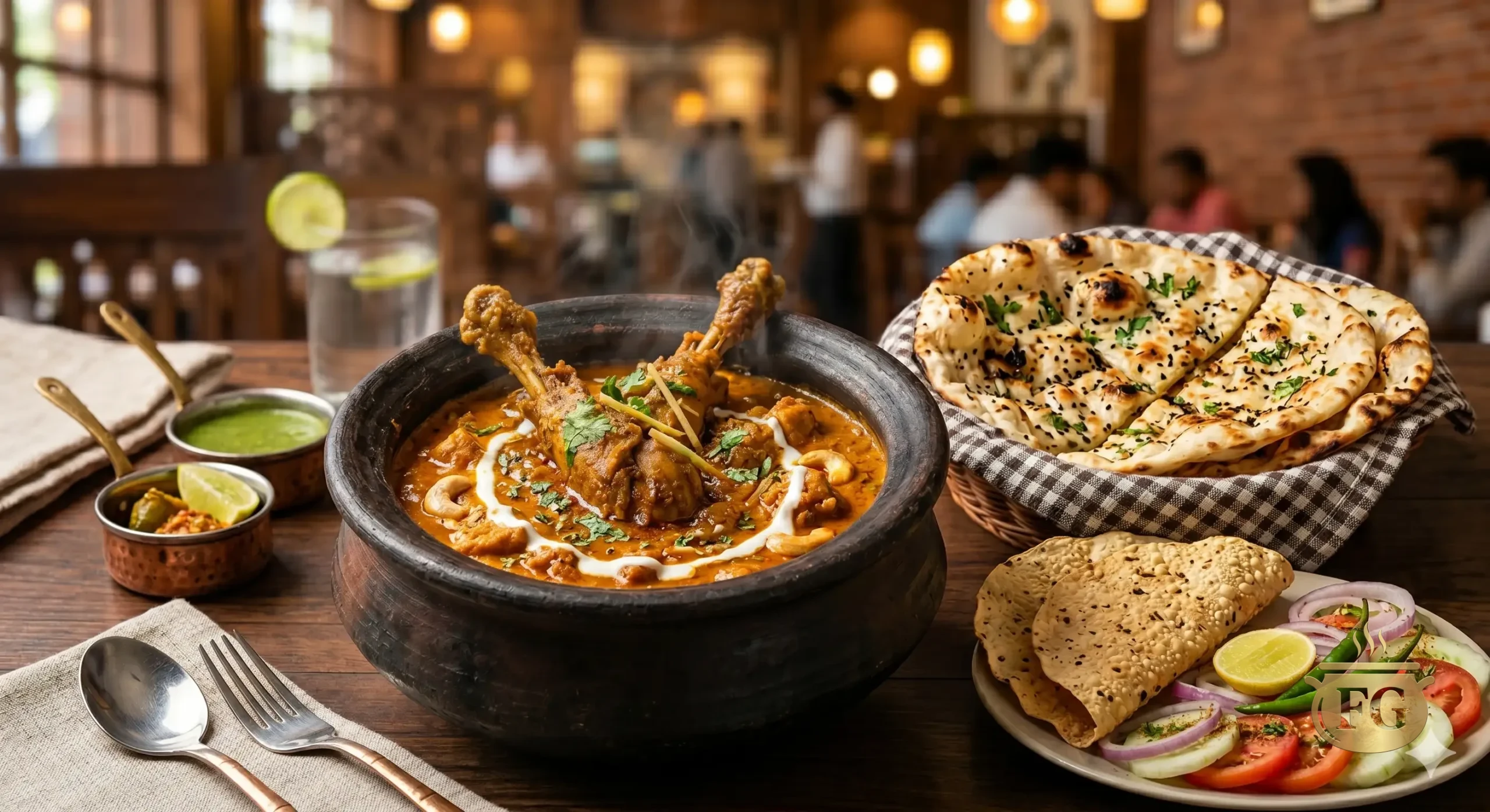 A close-up photograph of a rustic clay pot filled with creamy Indian chicken handi curry, garnished with cream and cashews, surrounded by a basket of tandoori naan bread, papadums, and a side salad of sliced vegetables and green chilies.