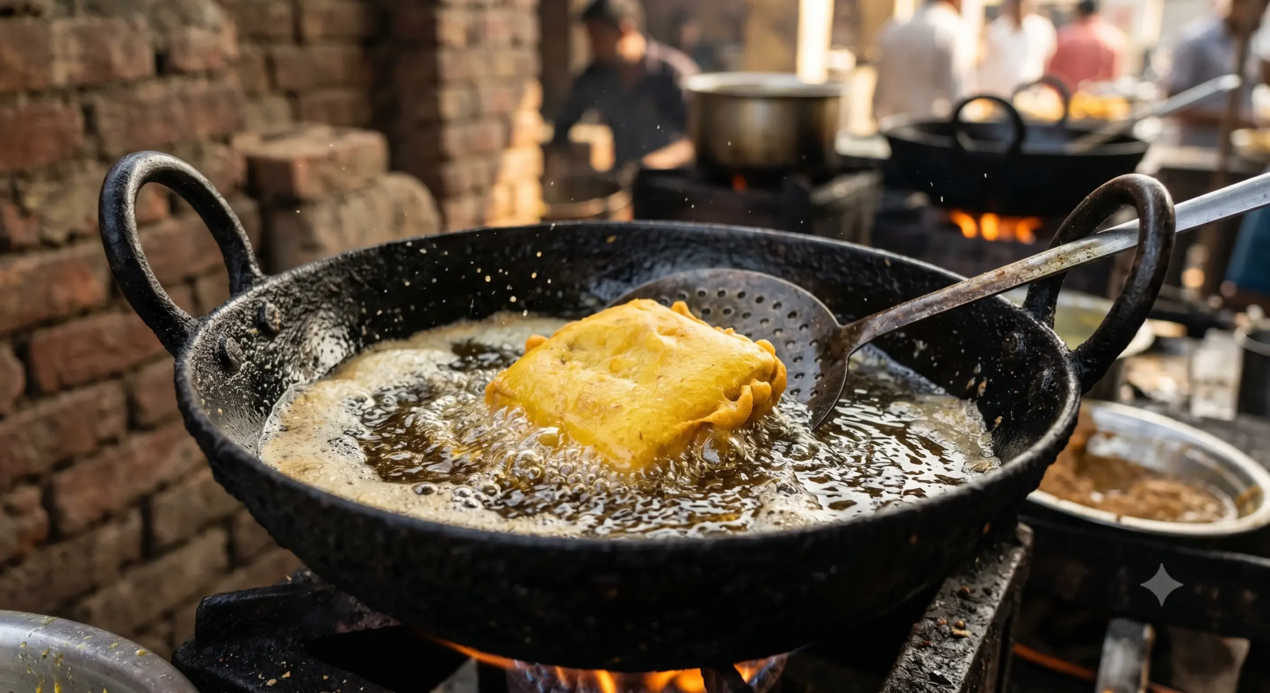 A close-up photograph looking down into a large, bubbling black cast-iron wok filled with hot oil, where a golden, square-shaped bread pakora is being deep-fried. A metal slotted spatula is just lifting the pakora. The background is a rustic brick wall and blurry figures of people.