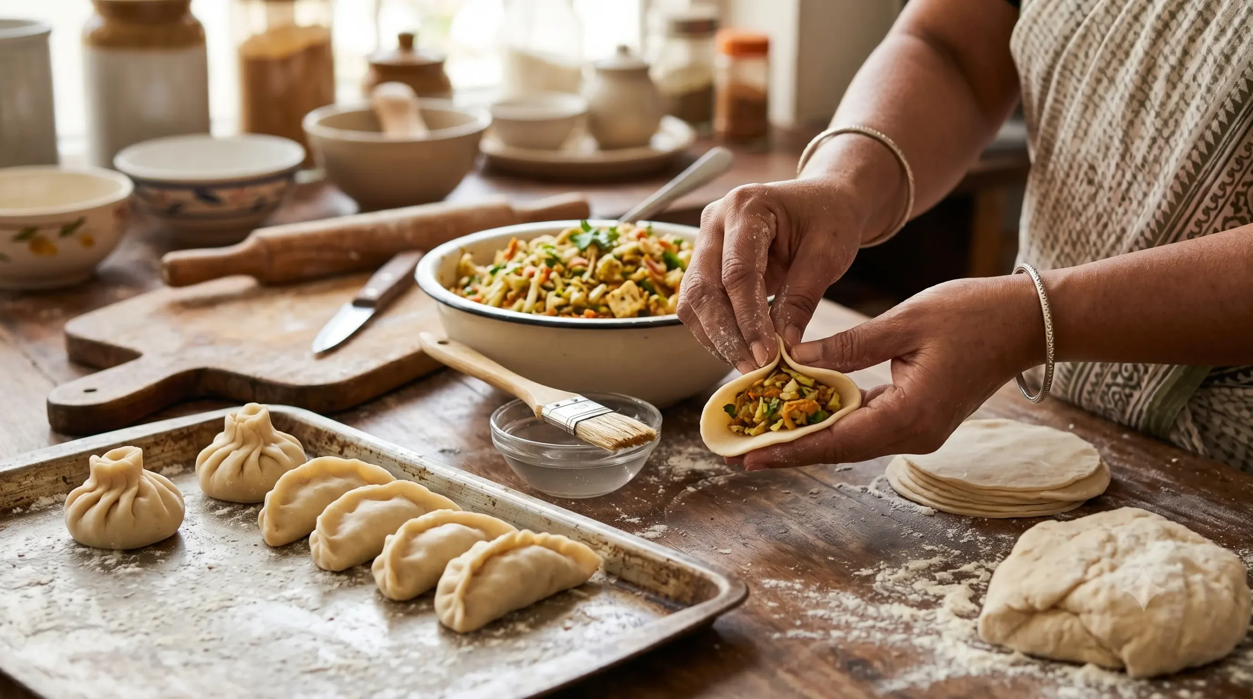 Expert hands are shown pleating and shaping dumplings into distinct half-moon and potli (pouch) designs on a floured wooden kitchen counter. The hands focus on sealing the vegetable stuffing inside. A bowl of filling and finished momos are visible in the foreground.