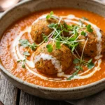 Speckled ceramic bowl containing three large, baked meatballs resting in a thick, vibrant orange tomato curry sauce, garnished with white cream and green sprouts. The bowl is on a wooden table with a copper spoon and linen napkin visible in the blurred background.