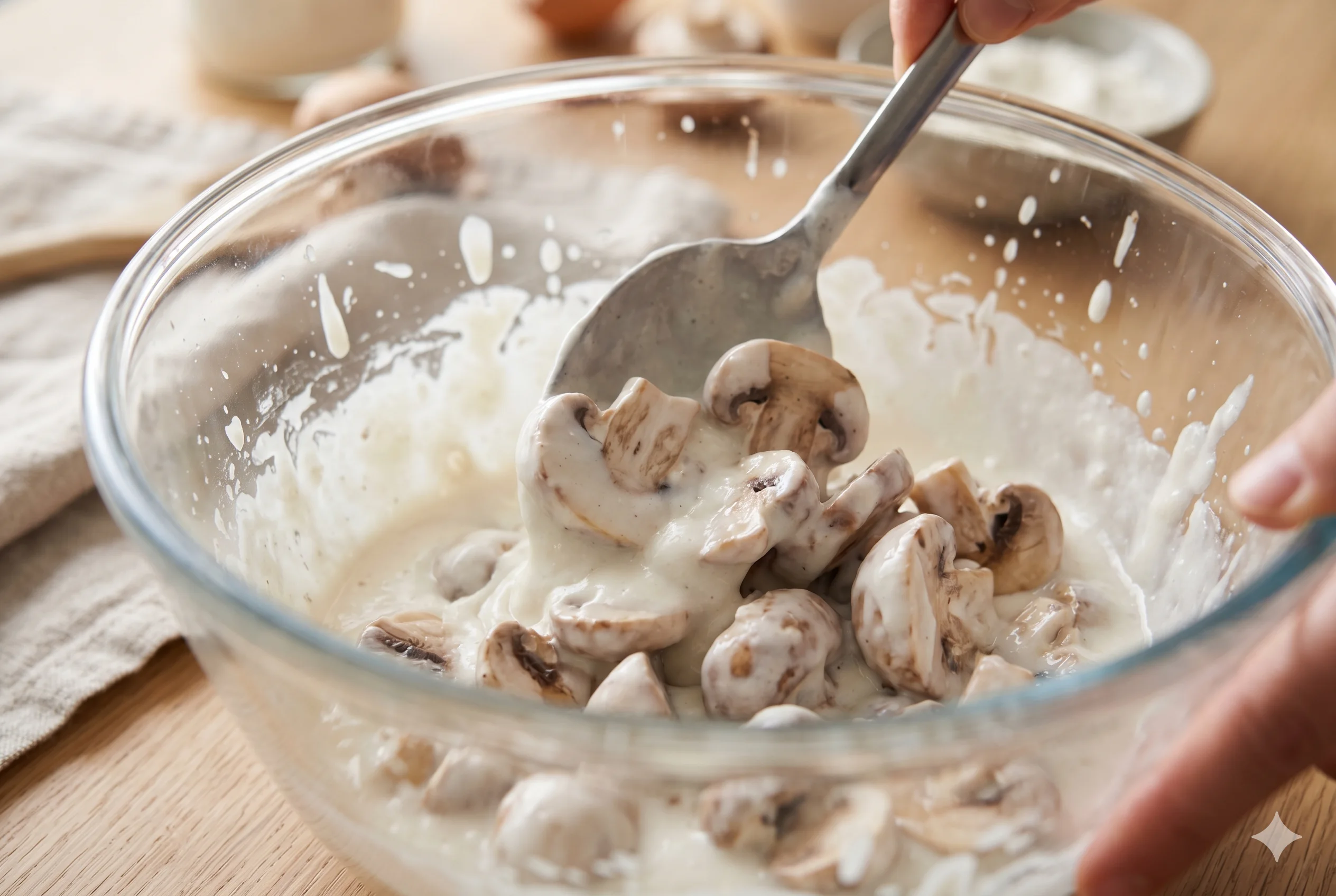 A close-up action photograph capturing sliced button mushrooms being vigorously mixed and coated in a thick, white cornstarch and flour batter inside a clear glass bowl, showcasing the creamy mixture adhering to the vegetables.