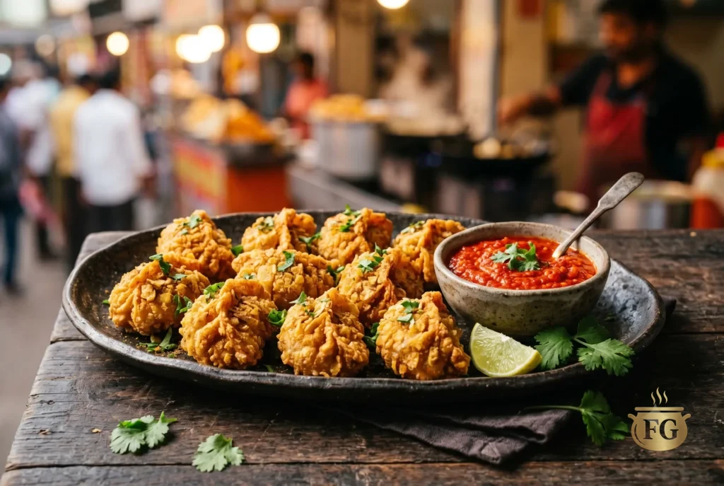 Close-up photograph of a dark, rustic platter filled with golden-brown, textured deep-fried dumplings (Paneer Kurkure Momos) on a weathered wooden table. The momos are garnished with fresh cilantro. To the right is a small grey bowl filled with bright red chili chutney, a slice of lime, and loose cilantro leaves. The background is a vibrant, blurred (bokeh) outdoor Indian street food market with people and stalls.