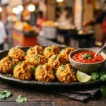 Close-up photograph of a dark, rustic platter filled with golden-brown, textured deep-fried dumplings (Paneer Kurkure Momos) on a weathered wooden table. The momos are garnished with fresh cilantro. To the right is a small grey bowl filled with bright red chili chutney, a slice of lime, and loose cilantro leaves. The background is a vibrant, blurred (bokeh) outdoor Indian street food market with people and stalls.