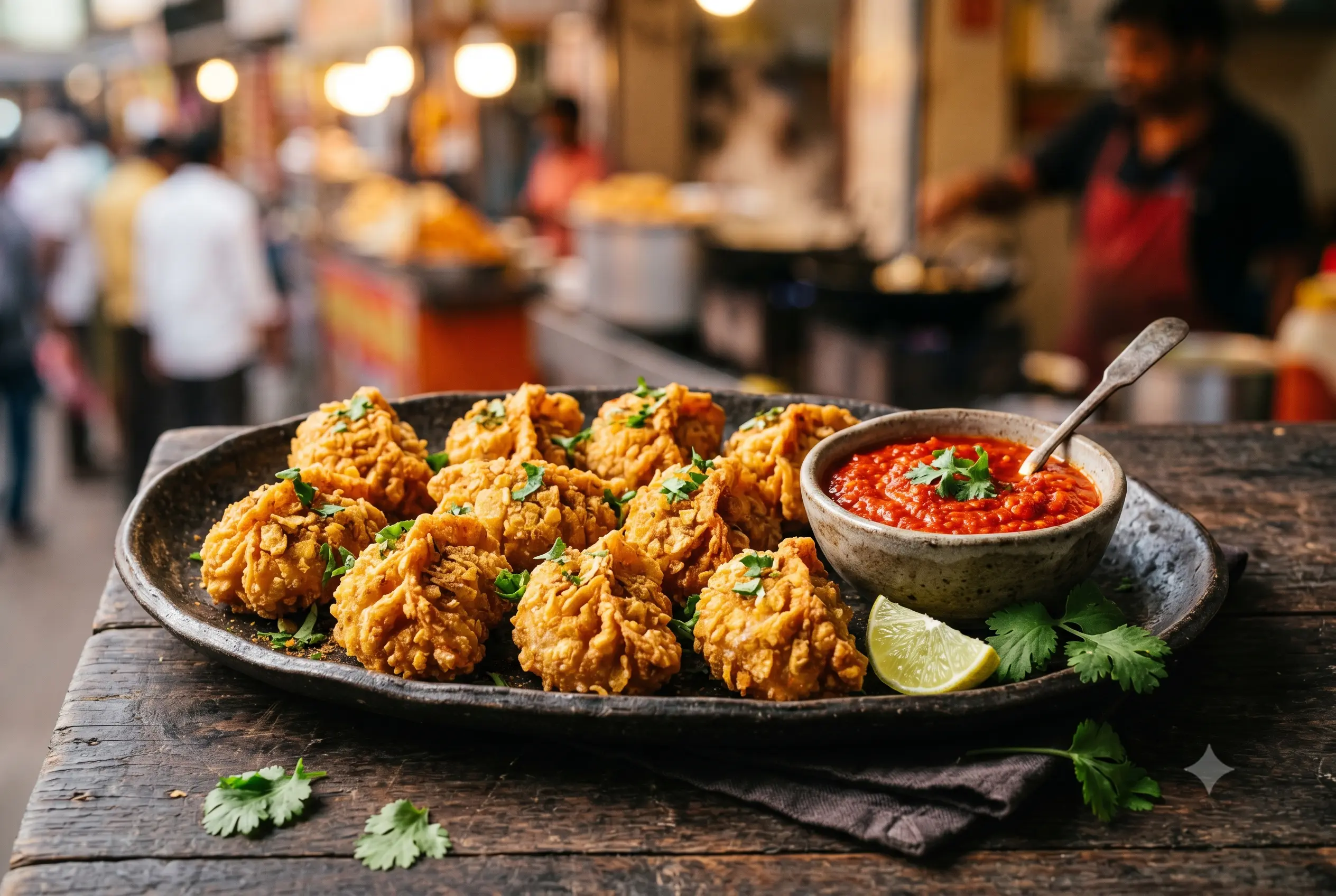 Viral Paneer Kurkure Momos Recipe: 5 Steps to Café-Style Crispy Perfection % %caption % Close-up photograph of a dark, rustic platter filled with golden-brown, textured deep-fried dumplings (Paneer Kurkure Momos) on a weathered wooden table. The momos are garnished with fresh cilantro. To the right is a small grey bowl filled with bright red chili chutney, a slice of lime, and loose cilantro leaves. The background is a vibrant, blurred (bokeh) outdoor Indian street food market with people and stalls.
