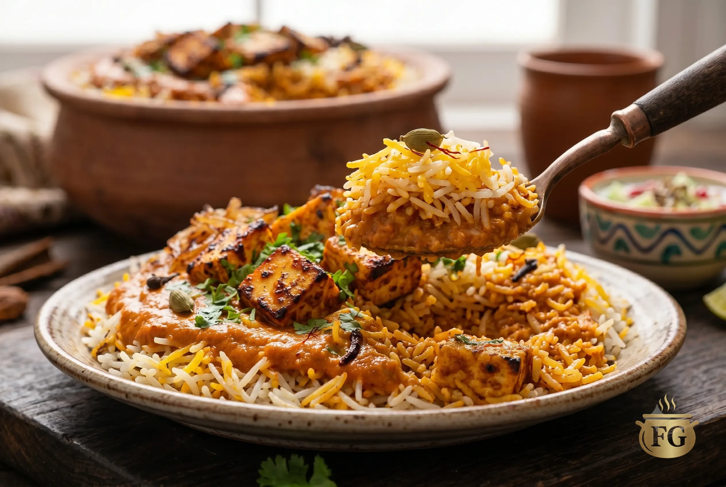 Paneer Tikka Makhani Biryani Recipe: 5 Royal Steps To Ultimate Restaurant-Style Luxury % %caption % Detailed close-up photograph of a rustic plate of Paneer Tikka Biryani, featuring grilled paneer cubes, fragrant basmati rice, whole spices, caramelized onions, and cilantro garnish, with a spoonful being lifted.