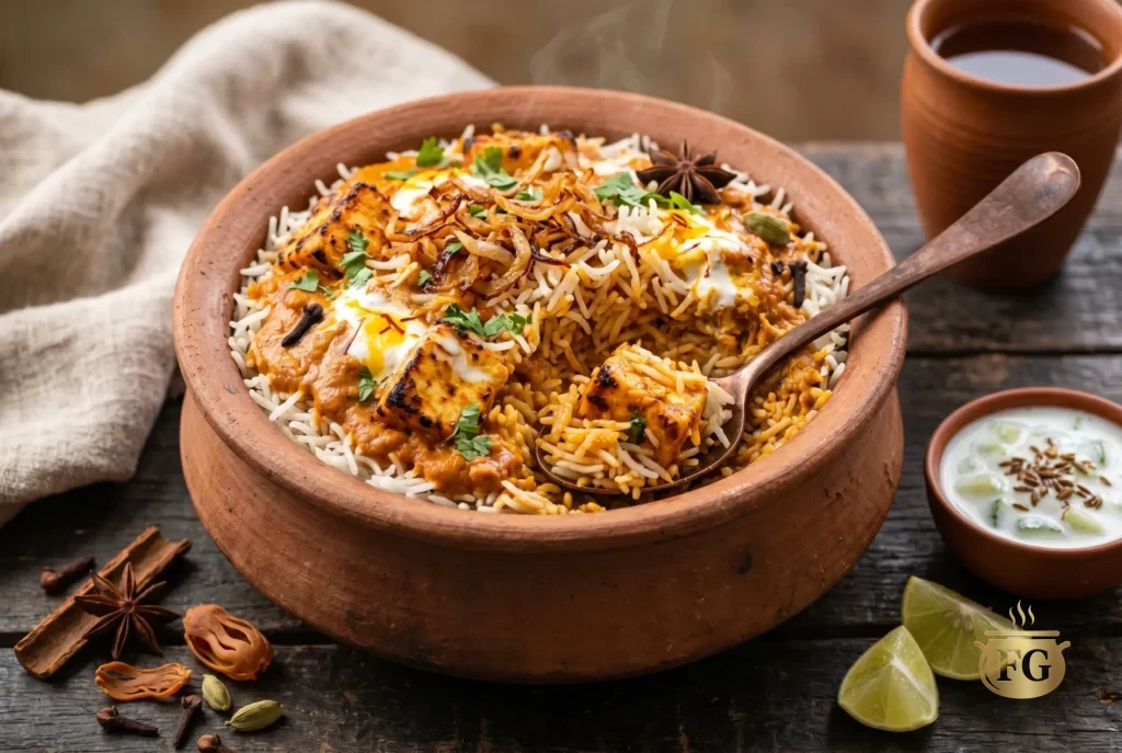 Paneer Tikka Makhani Biryani Recipe: 5 Royal Steps To Ultimate Restaurant-Style Luxury % %caption % A rustic clay bowl holds a layered paneer tikka makhani biryani with grilled paneer cubes, saffron-infused basmati rice, coriander garnish, and crispy onions, served with a side of raita and tea.