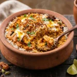 A rustic clay bowl holds a layered paneer tikka makhani biryani with grilled paneer cubes, saffron-infused basmati rice, coriander garnish, and crispy onions, served with a side of raita and tea.