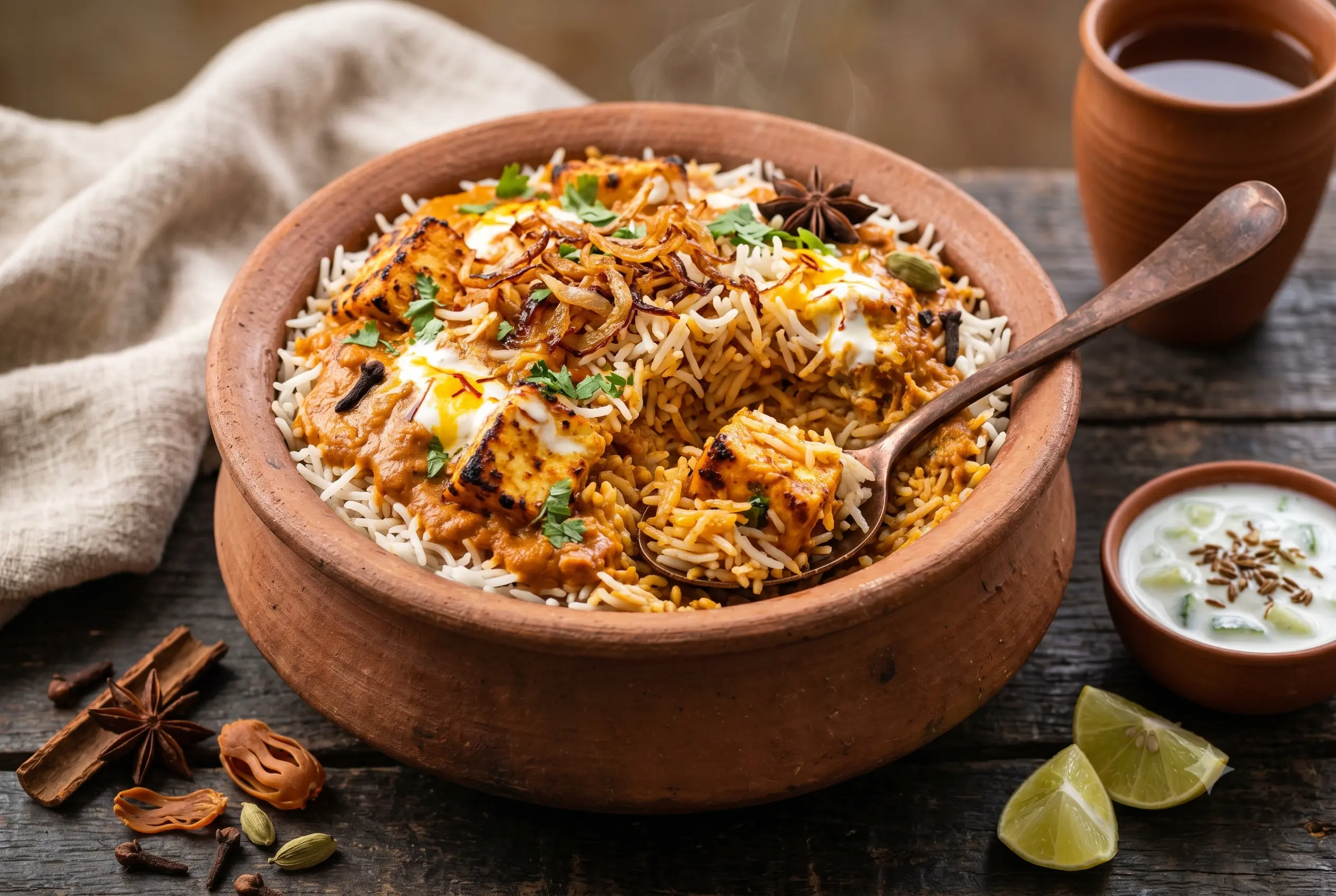 A rustic clay bowl holds a layered paneer tikka makhani biryani with grilled paneer cubes, saffron-infused basmati rice, coriander garnish, and crispy onions, served with a side of raita and tea.