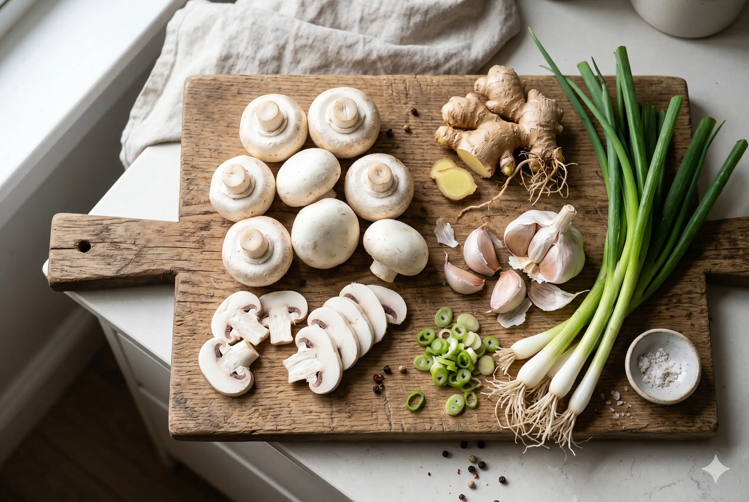 A top-down, aesthetic flat-lay photograph capturing fresh, raw button mushrooms, garlic cloves, ginger root, and spring onions arranged artfully on a rustic wooden cutting board, illuminated by soft natural light.