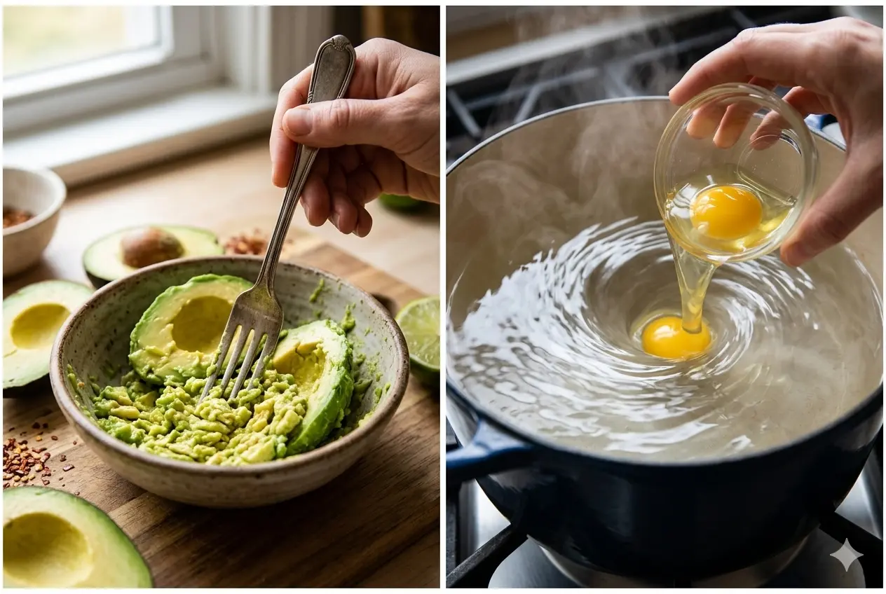 A two-part photographic collage showing essential kitchen actions. The left panel features a close-up of a hand using a vintage fork to mash green avocado flesh in a rustic ceramic bowl set on a wooden surface with lime and red pepper flakes visible nearby. The right panel depicts a hand holding a small glass ramekin and gently sliding a single raw egg into a large pot of steaming water which is actively swirling in a vortex.