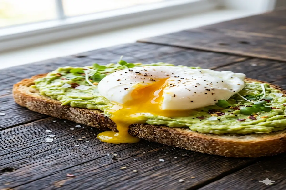 A brightly lit, close-up vertical photograph of a poached egg with a runny golden yolk flowing over a thick slice of artisan sourdough bread covered in creamy mashed avocado, garnished with red pepper flakes and microgreens, served on a rustic wooden plank table.