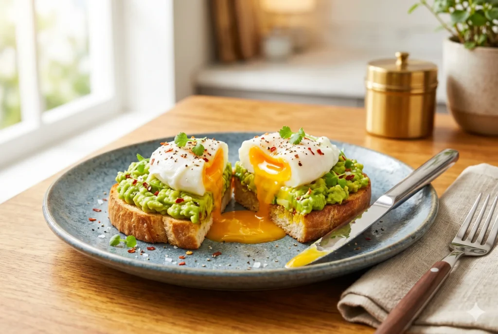 Poached Egg Avocado Toast Recipe: 10 Minute Mein Perfect Cafe Jaisa Breakfast % %caption % A close-up horizontal photograph of two pieces of sourdough avocado toast on a speckled blue ceramic plate. One poached egg is sliced, revealing a vibrant liquid yolk spilling over mashed avocado, garnished with chili flakes, pepper, and fresh microgreens.