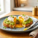 A close-up horizontal photograph of two pieces of sourdough avocado toast on a speckled blue ceramic plate. One poached egg is sliced, revealing a vibrant liquid yolk spilling over mashed avocado, garnished with chili flakes, pepper, and fresh microgreens.