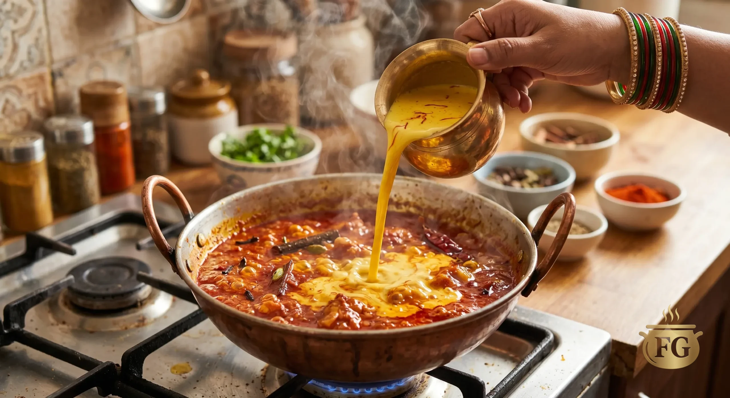 Shahi Chicken Korma Recipe: 5 Royal Steps To Authentic Mughlai Luxury % %caption % A close-up photograph of a hand with traditional bangles pouring a golden-yellow saffron liquid from a brass vessel into a bubbling, red Indian masala curry that is cooking in a copper karahi on a gas stove. Spices and ingredients in small bowls are visible in the background on a wooden counter.