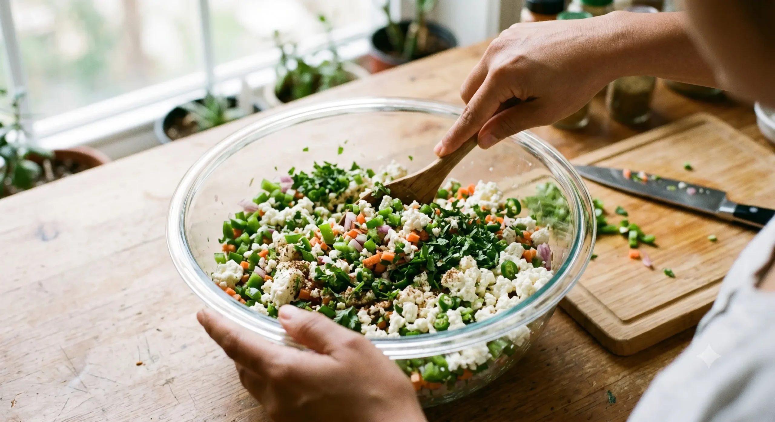 Hands actively mix crumbled paneer, chopped green chilies, onions, carrots, and cilantro in a large, clear glass mixing bowl on a wooden counter. Daylight from a window illuminates the textured filling and mixing action.