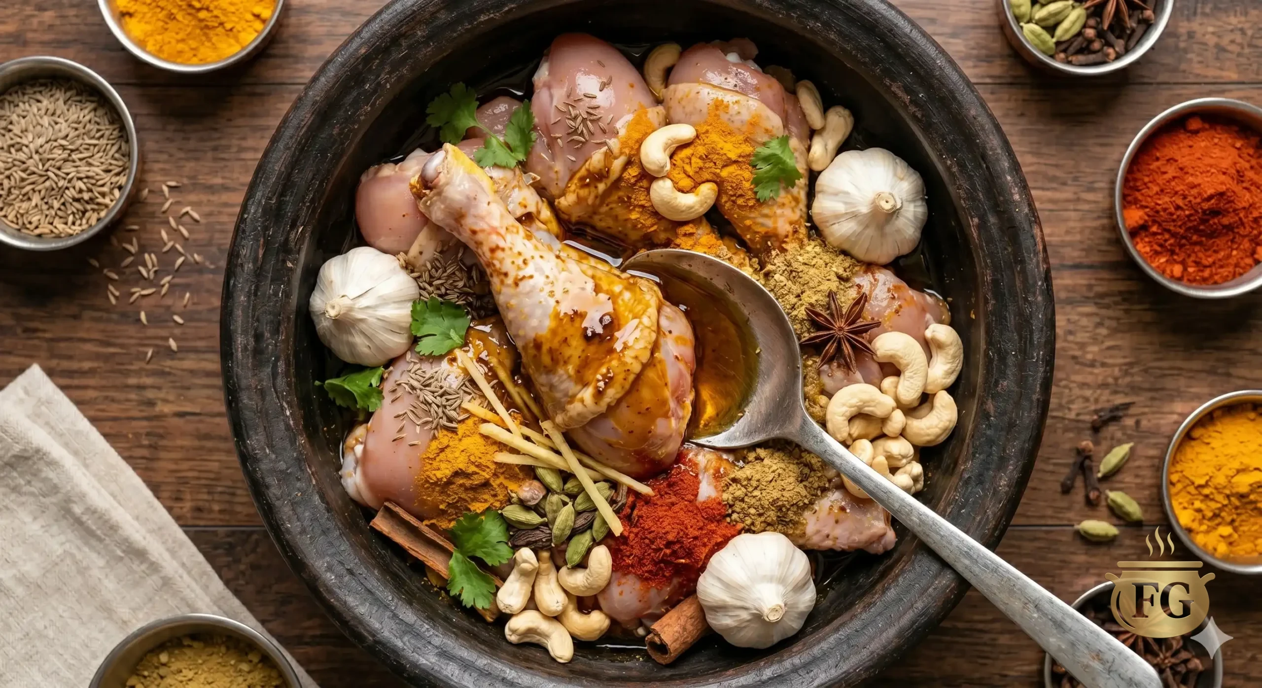 Authentic Shahi Handi Chicken: 5 Secret Royal Recipe % %caption % An overhead photograph of raw chicken pieces in a large, dark ceramic bowl, surrounded by whole garlic bulbs, whole cashews, whole star anise, cinnamon sticks, fresh cilantro, and various ground spices including turmeric and chili powder. A spoon rests in the bowl, and smaller spice bowls are arranged on the wooden surface.
