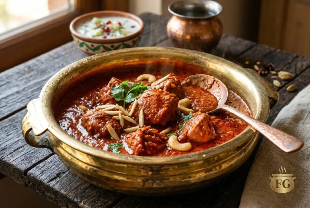 Shahi Chicken Korma Recipe: 5 Royal Steps To Authentic Mughlai Luxury % %caption % A detailed close-up of an opulent brass bowl filled with rich, deep red-orange Indian Chicken Masala. Large pieces of chicken are generously garnished with slivered almonds, whole cashews, fresh coriander, and saffron threads. A copper-handled spoon is partially submerged, scooping the curry. The bowl sits on a rustic dark wooden table next to a small ceramic bowl of raita, a brass pot, and whole spices, all in warm natural light.