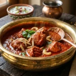 A detailed close-up of an opulent brass bowl filled with rich, deep red-orange Indian Chicken Masala. Large pieces of chicken are generously garnished with slivered almonds, whole cashews, fresh coriander, and saffron threads. A copper-handled spoon is partially submerged, scooping the curry. The bowl sits on a rustic dark wooden table next to a small ceramic bowl of raita, a brass pot, and whole spices, all in warm natural light.