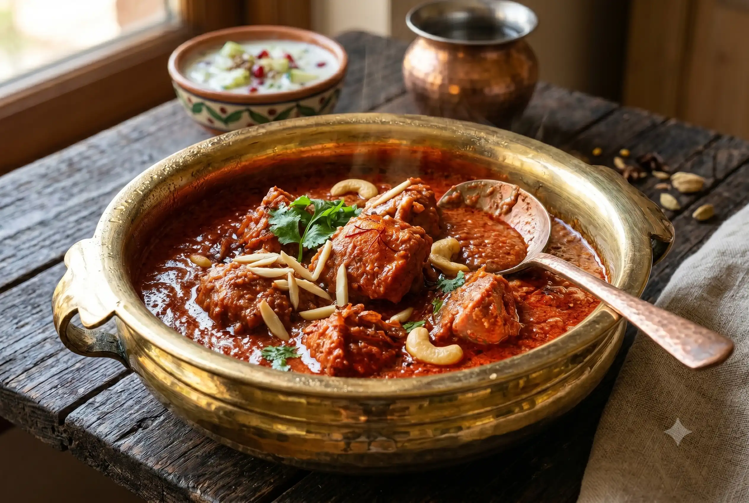 Shahi Chicken Korma Recipe: 5 Royal Steps To Authentic Mughlai Luxury % %caption % A detailed close-up of an opulent brass bowl filled with rich, deep red-orange Indian Chicken Masala. Large pieces of chicken are generously garnished with slivered almonds, whole cashews, fresh coriander, and saffron threads. A copper-handled spoon is partially submerged, scooping the curry. The bowl sits on a rustic dark wooden table next to a small ceramic bowl of raita, a brass pot, and whole spices, all in warm natural light.