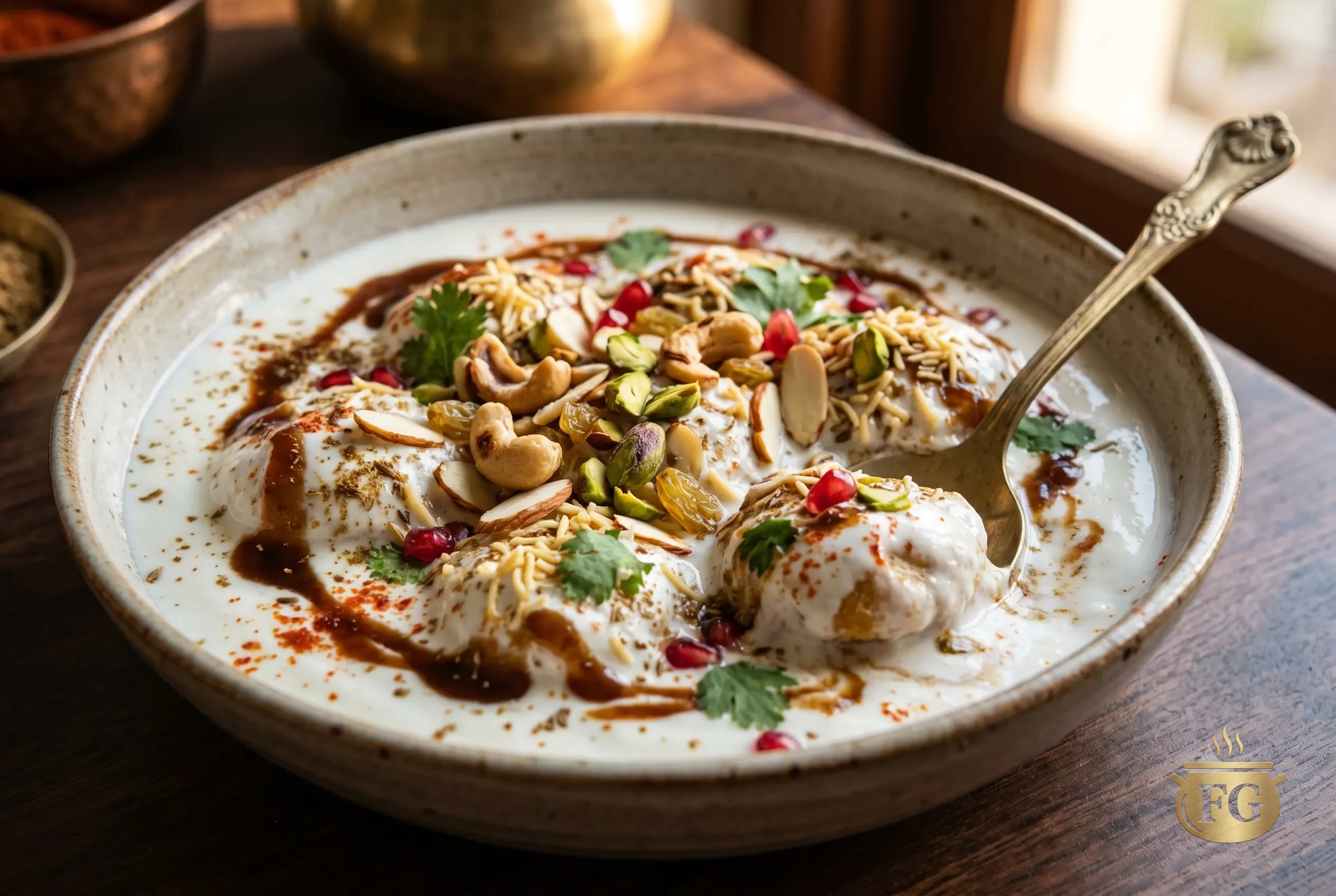 A detailed close-up shot focusing on a ceramic bowl of Shahi Dahi Phulki, served with a decorative brass spoon. The besan dumplings are submerged in incredibly smooth, thick, silky white yogurt. The dish is elaborately garnished with trails of tamarind chutney, roasted cumin powder, chopped cashews, pistachios, almonds, fresh green coriander, and red pomegranate seeds. Warm late afternoon sunlight illuminates the textures of the creamy yogurt and the crunchy toppings.