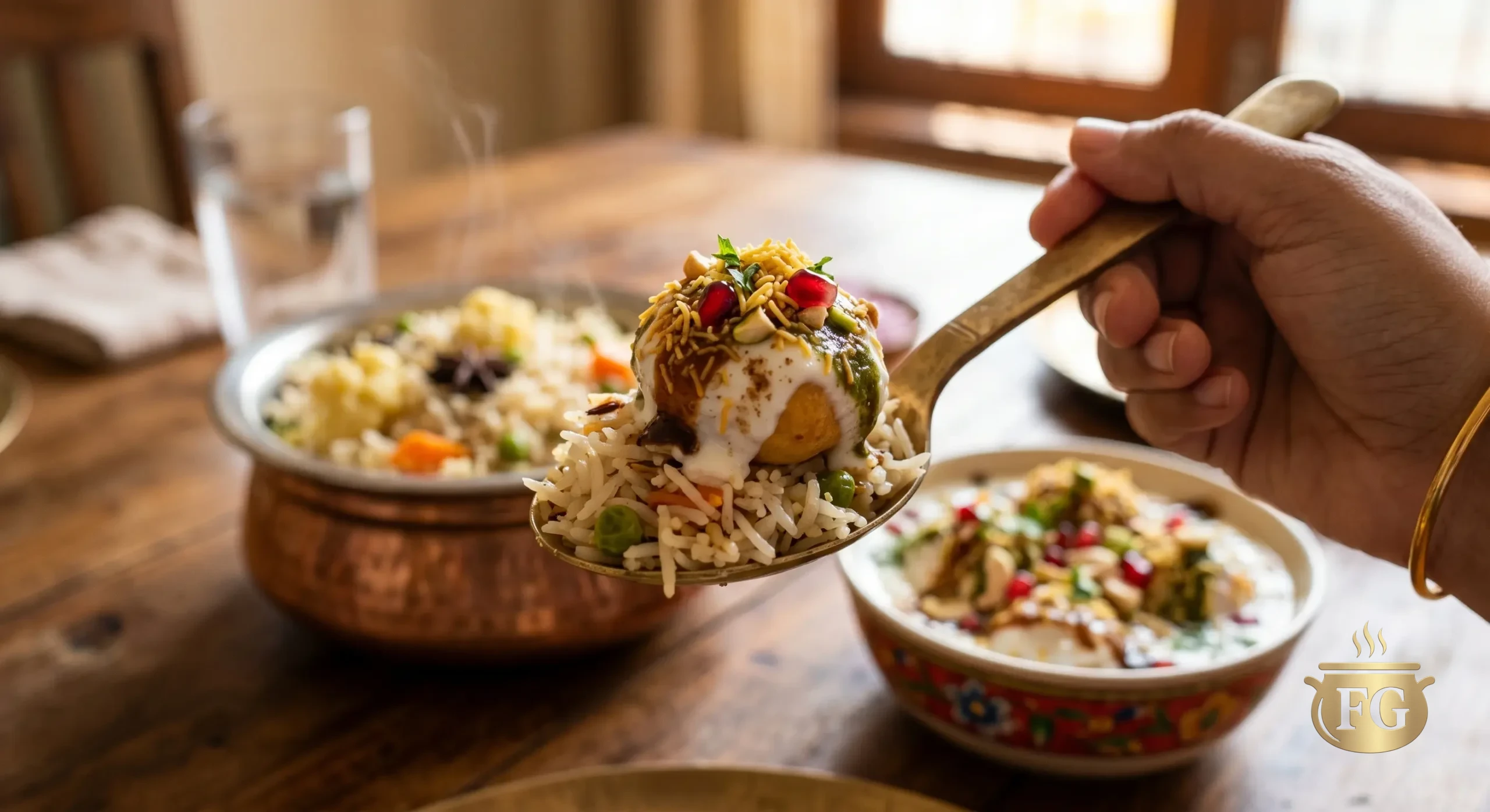 A close-up, appetizing macro photograph focused on a handheld vintage brass spoon. On the spoon is a carefully balanced single "perfect bite": a base of fluffy, warm, aromatic Veg Yakhni Pulao rice (long-grain basmati with visible spices like cumin, star anise, and slow-cooked vegetables) is precisely topped with one small, soft, creamy Shahi Dahi Phulki dumpling submerged in thick white yogurt and elaborately garnished with trails of tamarind and mint chutneys, finely chopped roasted nuts (cashews, pistachios, almonds), vibrant red pomegranate seeds, chopped fresh coriander leaves, a dusting of roasted cumin powder, kala namak, and a generous sprinkle of fine golden sev for crunch. The hand holds the spoon steadily against a softly blurred (bokeh) background of a rustic wooden dining table, a steaming copper pot of pulao, a decorated bowl of Shahi Dahi Phulki, a water glass, and warm ambient daylight from a window. Razor-sharp focus captures all appetizing textures.