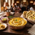 A detailed close-up photograph of a rich, golden, cashew-based paneer korma curry in a hammered copper pot, garnished with saffron and almonds. A piece of fluffy, blistered garlic naan sits in a cloth basket. Red onion rings, lime wedges, and green chilies are served on the side on a rustic wooden table in a dimly lit restaurant.