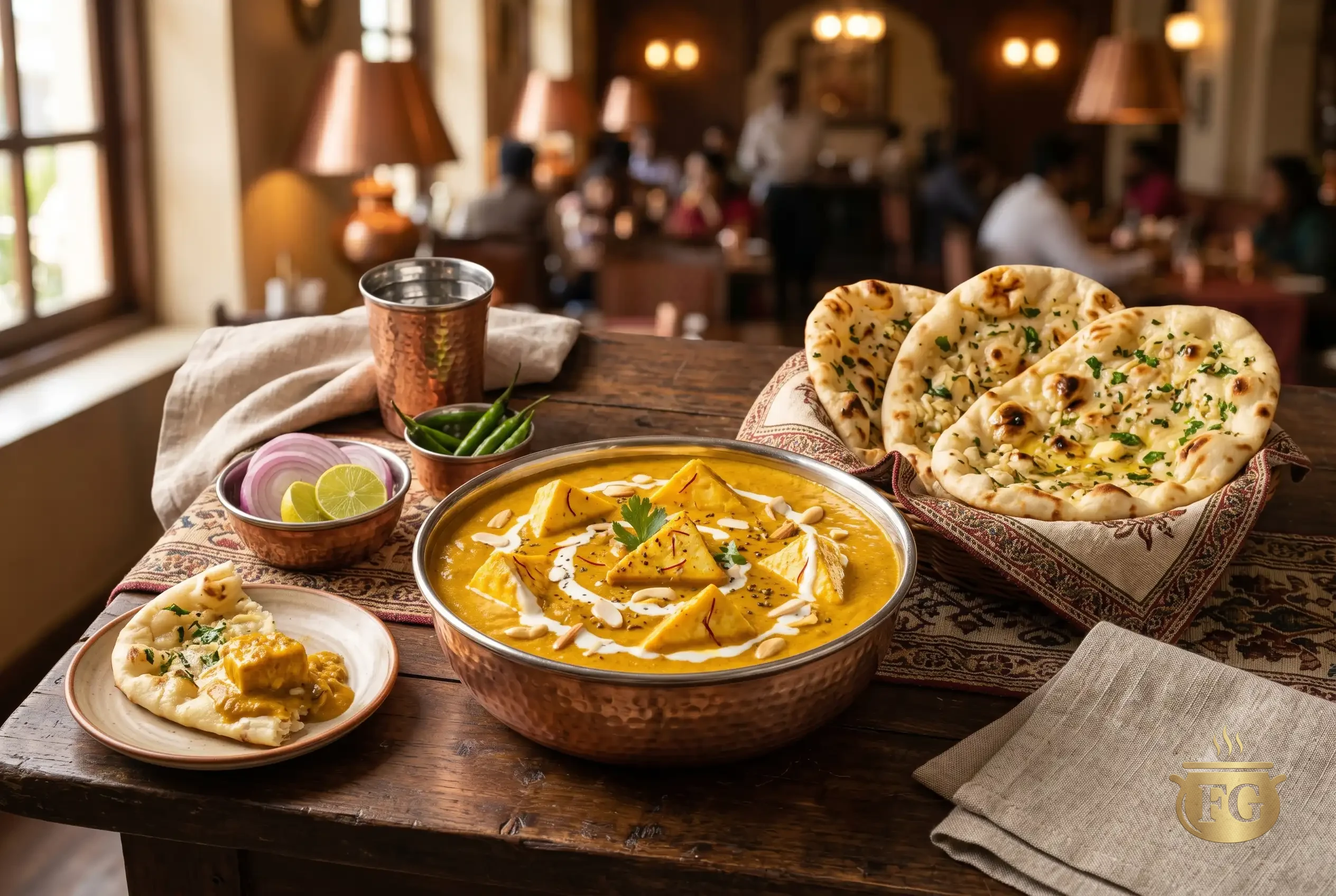 A detailed close-up photograph of a rich, golden, cashew-based paneer korma curry in a hammered copper pot, garnished with saffron and almonds. A piece of fluffy, blistered garlic naan sits in a cloth basket. Red onion rings, lime wedges, and green chilies are served on the side on a rustic wooden table in a dimly lit restaurant.