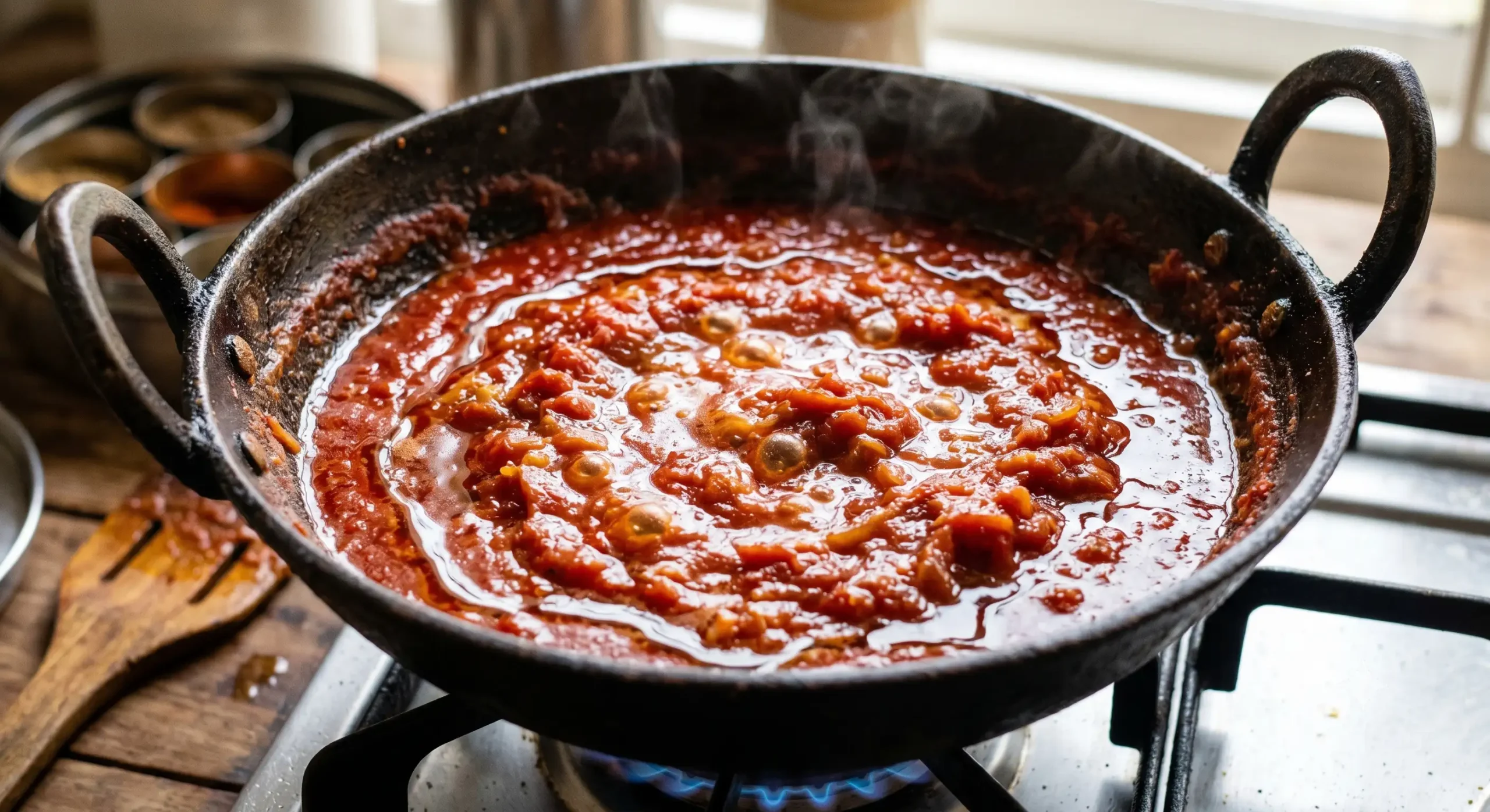 A traditional black cast-iron wok (karahi) with two sturdy handles holds a thick, vibrant red-orange tomato and onion-based gravy, actively simmering on a gas stove with a low blue flame. Clear oil is visibly separating from the sauce and pooling around the edges and in the center. Small bubbles pop on the textured surface, and steam rises. The background shows a blurred wooden spatula and metal spice tins in a naturally lit kitchen.