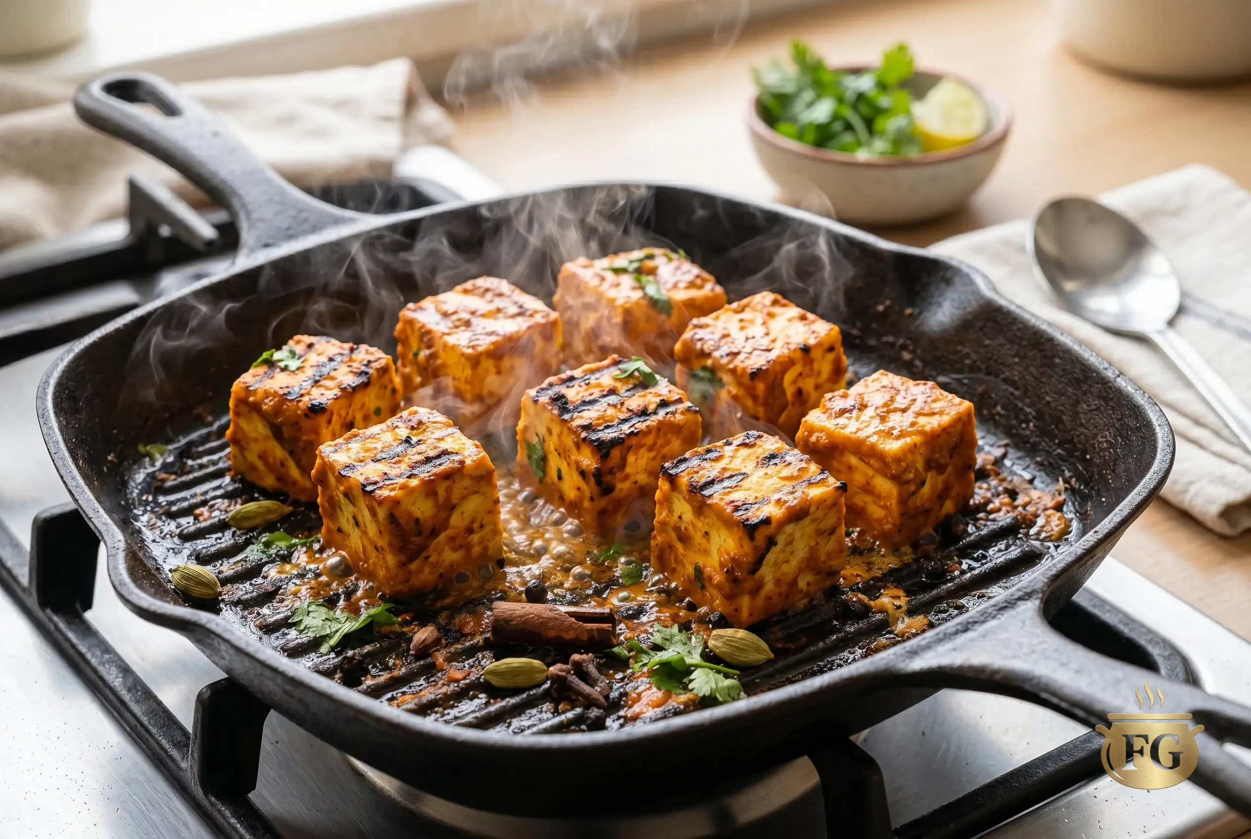 Paneer Tikka Makhani Biryani Recipe: 5 Royal Steps To Ultimate Restaurant-Style Luxury % %caption % A close-up photograph of spice-marinated paneer tikka cubes with vibrant orange-red coating actively sizzling on a hot, ridge-patterned cast iron grill pan on a stovetop. Defined black grill marks are forming on the paneer, and visible steam is rising from the pan along with sizzling whole spices.