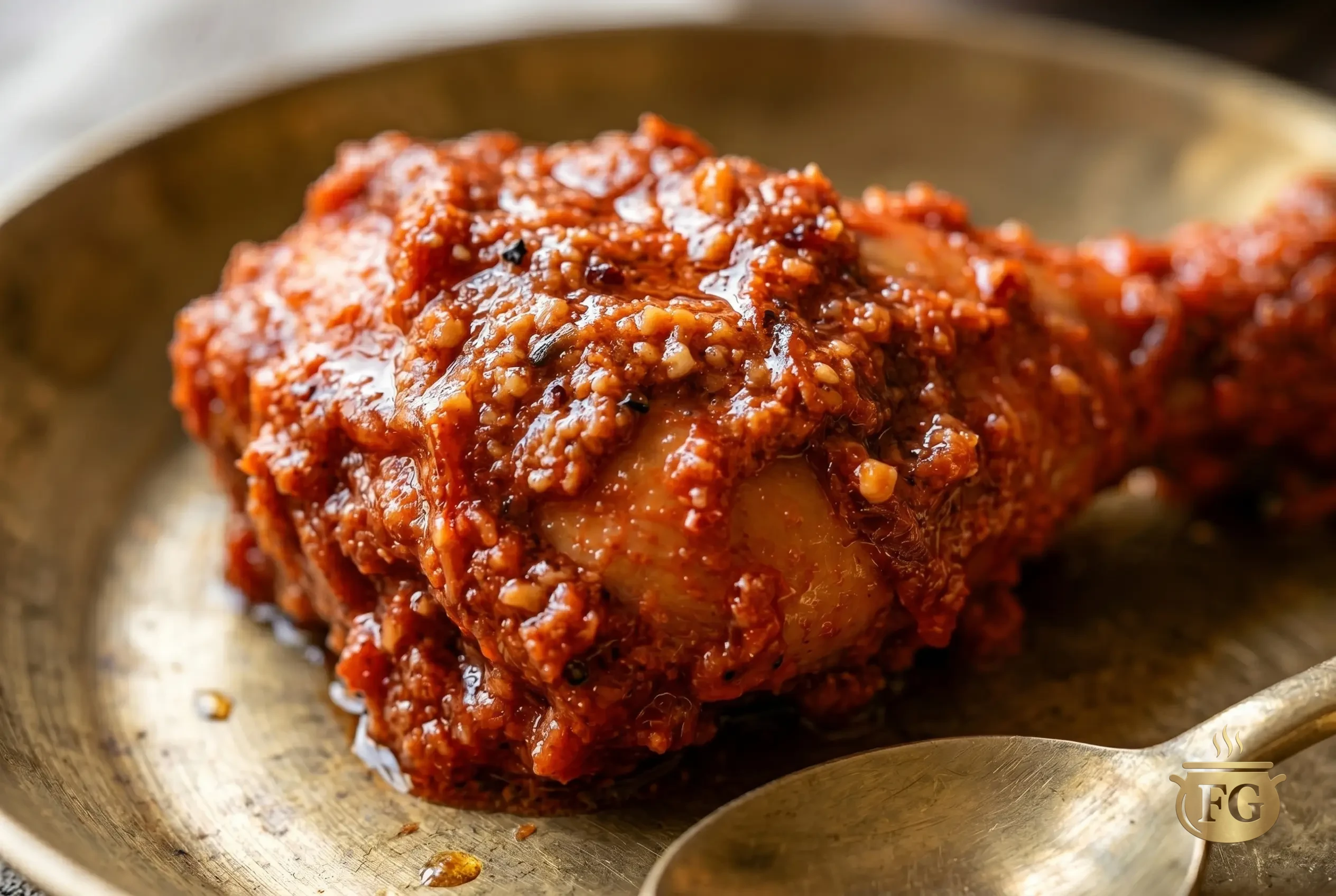 Shahi Chicken Korma Recipe: 5 Royal Steps To Authentic Mughlai Luxury % %caption % A close-up shot of a single, deeply fried chicken drumstick covered in a thick, dark red textured chili-masala sauce on a hammered brass plate with a spoon.