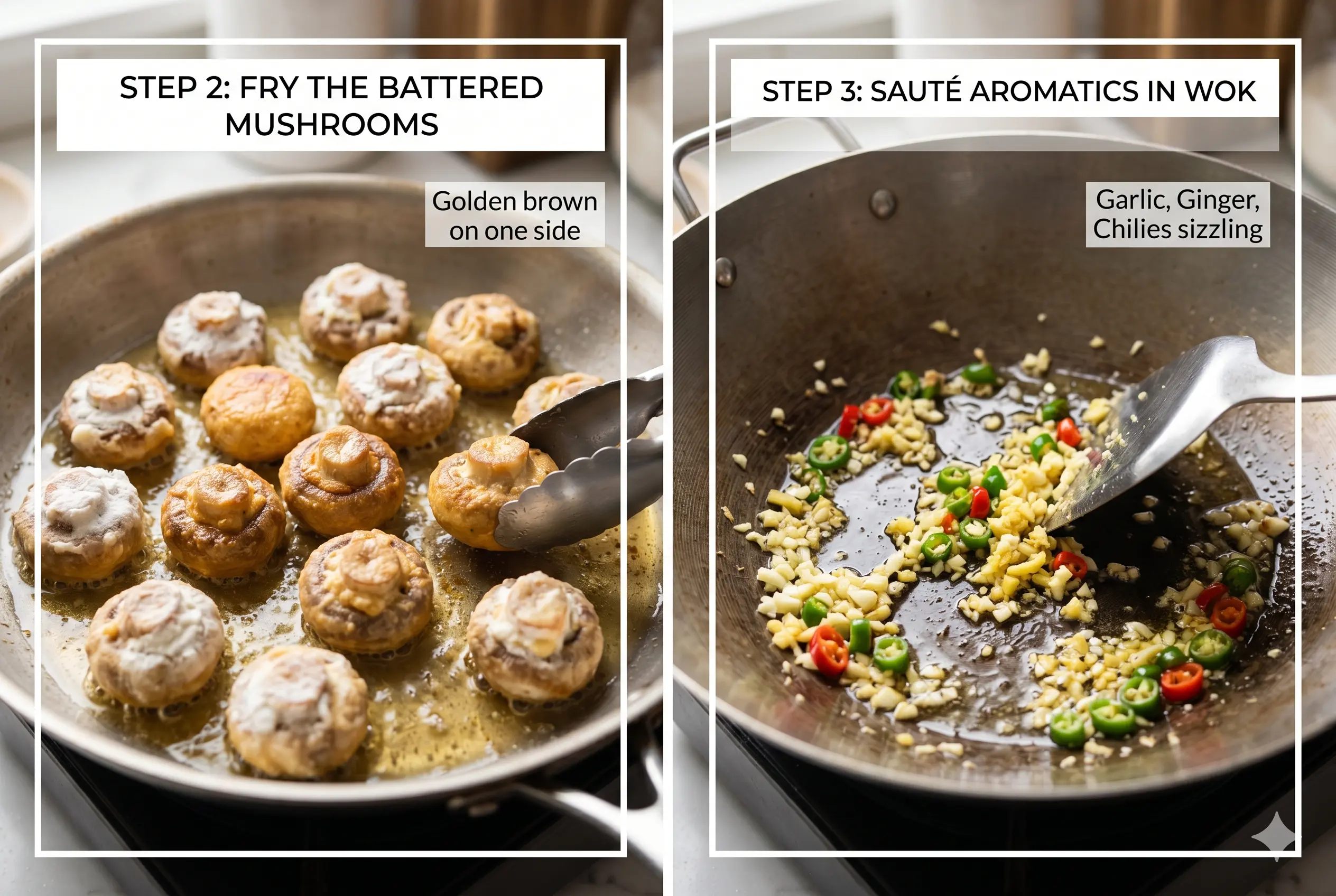 A two-panel instructive cooking collage. Left panel: Battered button mushrooms are being fried golden-brown in a stainless steel skillet, with tongs holding one mushroom. Text: 'STEP 2: FRY THE BATTERED MUSHROOMS'. Right panel: Finely chopped garlic, ginger, and red and green chilies are sizzling in a hot wok, with a spatula stirring the aromatics. Text: 'STEP 3: SAUTÉ AROMATICS IN WOK'.