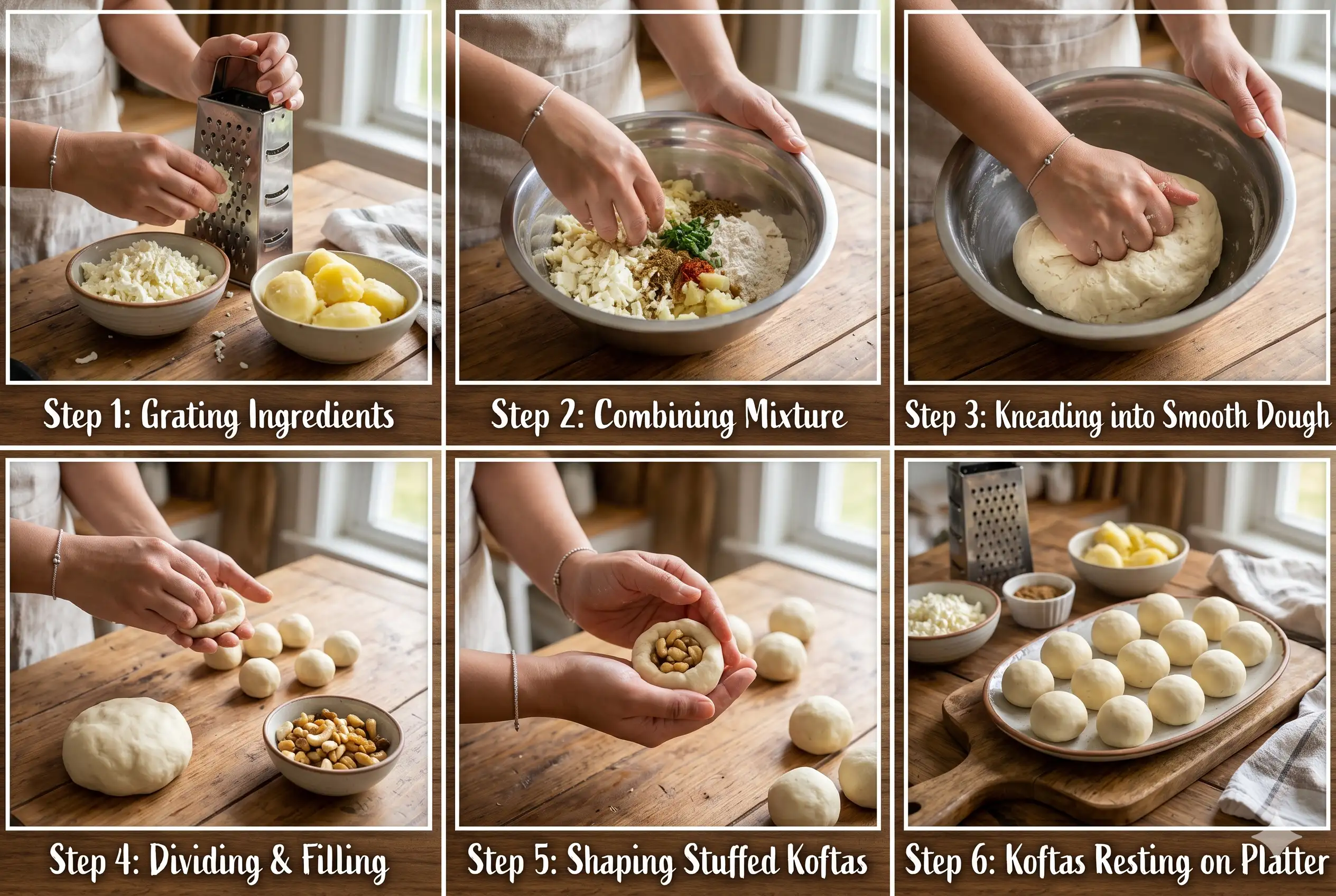 A six-step visual collage guide to making stuffed koftas, detailing grating cheese and potatoes, mixing, kneading, filling with nuts, and shaping the final balls.