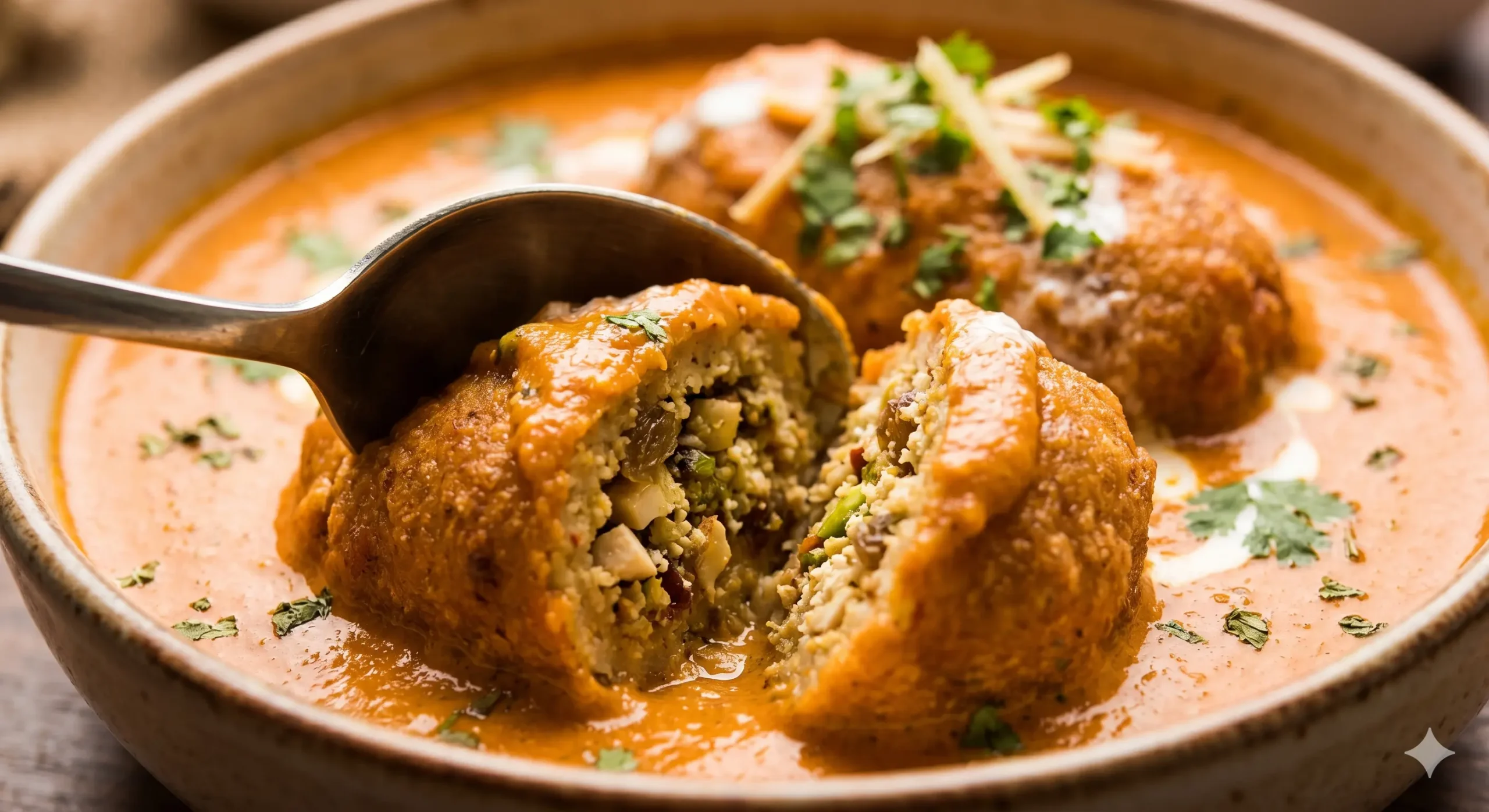 A close-up photograph of a stuffed Malai Kofta dumpling, cut open by a silver spoon, revealing a rich filling of pistachios, cashews, and raisins, all bathed in a creamy orange curry and garnished with fresh cilantro.