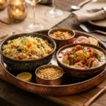 A top-down view of a luxurious, garnished copper Indian dinner platter on a dark wooden table. It features a decorative bowl of Veg Yakhni Pulao, a rich bowl of Shahi Dahi Phulki topped with pomegranate seeds and sev, small bowls of roasted lentils, onion, and lemon wedges. A water jug and warm candlelight are visible in the background.