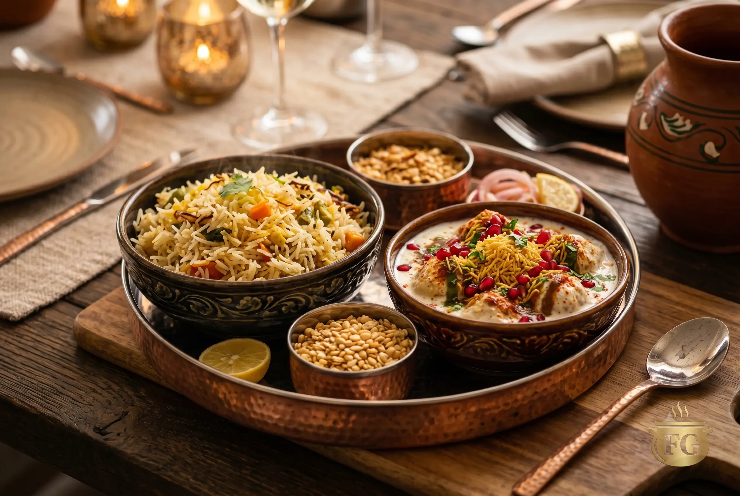 A top-down view of a luxurious, garnished copper Indian dinner platter on a dark wooden table. It features a decorative bowl of Veg Yakhni Pulao, a rich bowl of Shahi Dahi Phulki topped with pomegranate seeds and sev, small bowls of roasted lentils, onion, and lemon wedges. A water jug and warm candlelight are visible in the background.