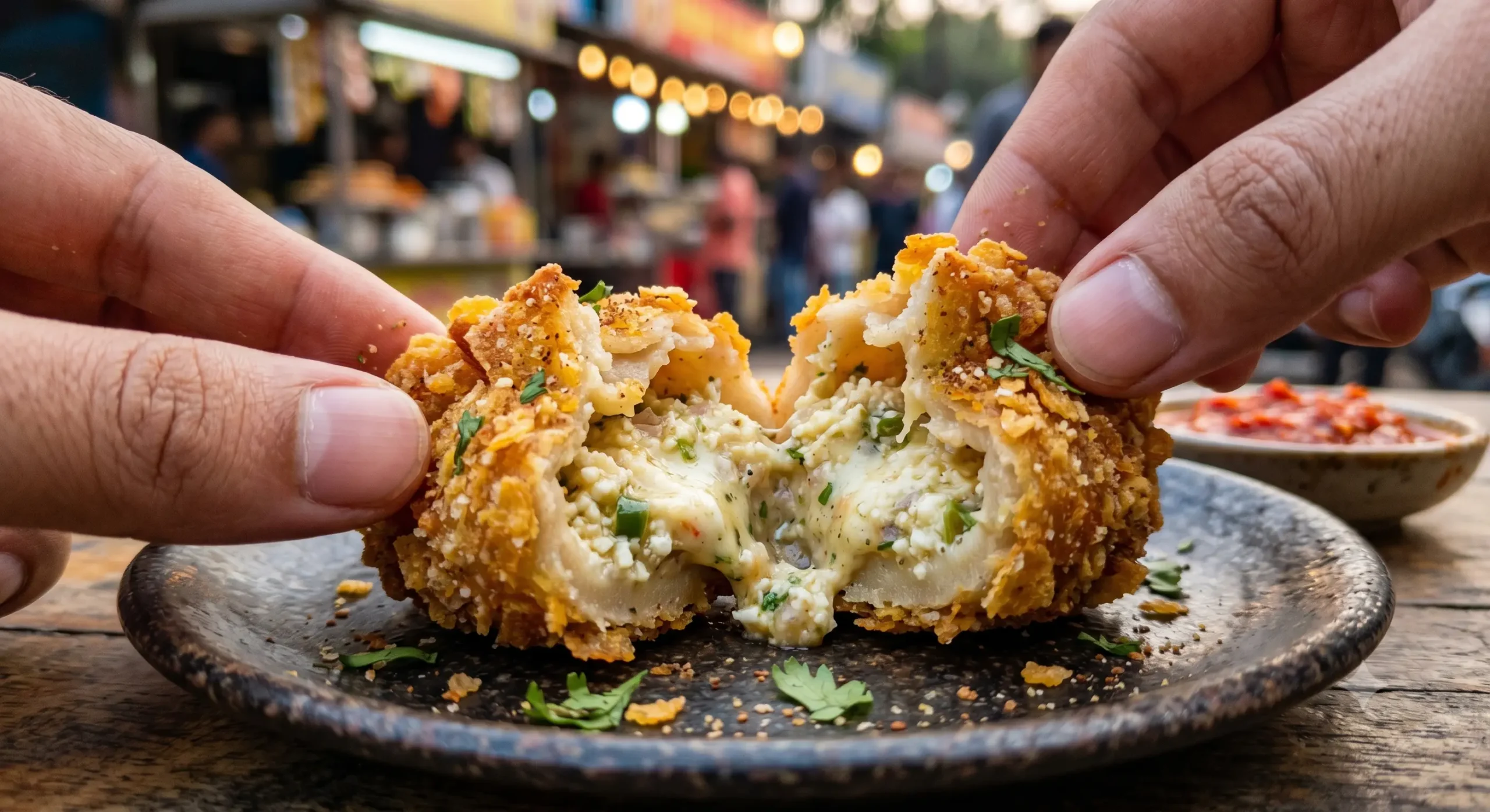 A macro, natural light close-up photograph capturing a single Paneer Kurkure Momo broken in half by fingers on a rustic dark ceramic plate. The image details the rugged, golden-brown, extremely crispy exterior crust made from cornflakes and panko, showcasing its characteristic jagged texture with chaat masala and chopped cilantro. This contrasts with the interior: a soft, melting, moist blend of paneer curds, processed cheese, green chilies, onions, coriander, and spices, oozing slightly from the warm center. The broken edge is natural and rough. The background is a vibrant, blurred Indian street food stall at twilight, featuring warm lights, stalls, and people. Loose cilantro and chaat masala are on the rustic plate near the broken momo. The focus is critically sharp on the broken interface, emphasizing the textures. Natural daylight illuminates the scene.