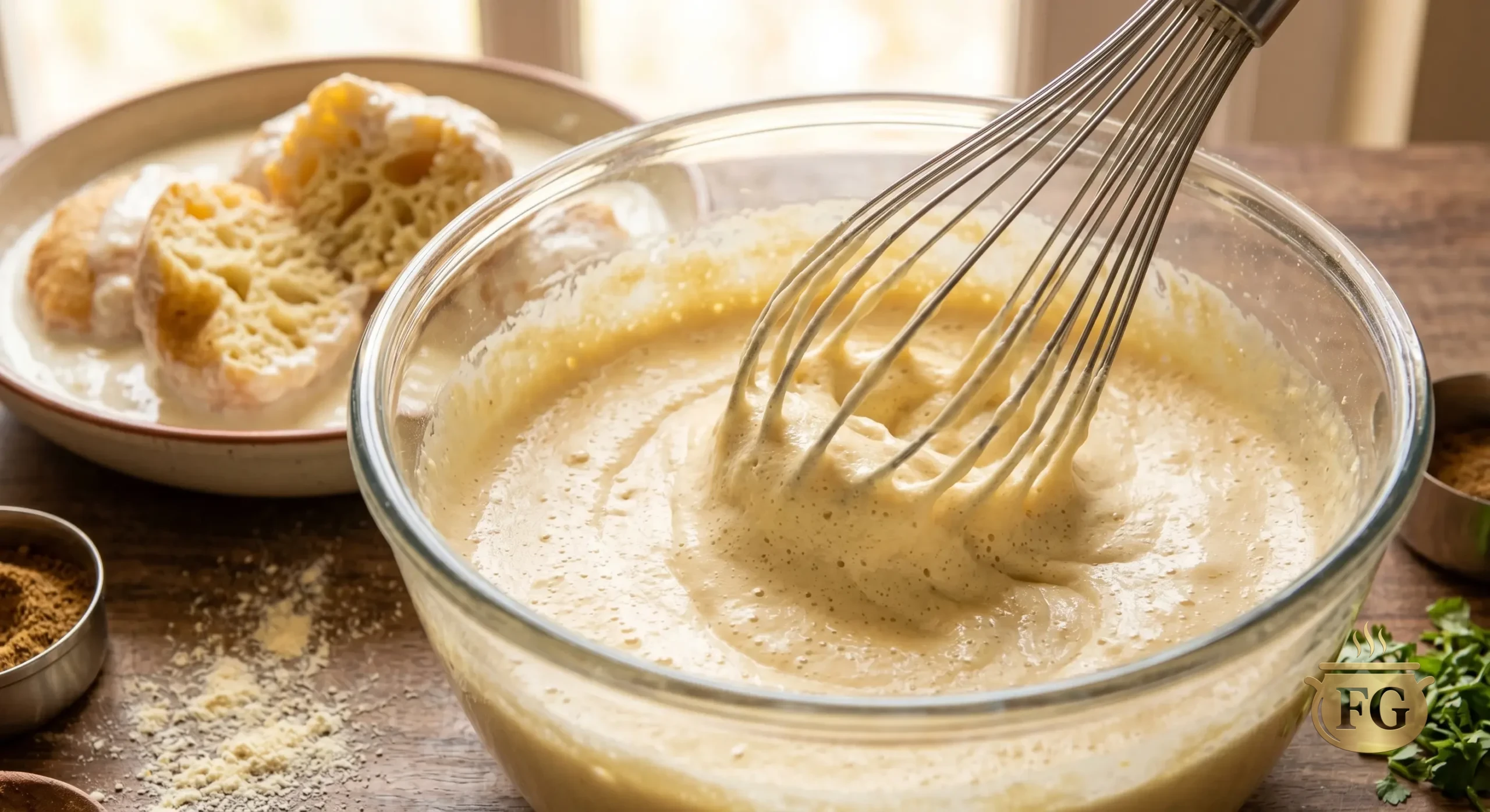 A close-up photograph capturing a metal balloon whisk vigorously incorporating air into a light, mousse-like besan (gram flour) batter within a clear glass mixing bowl on a rustic wooden counter under natural daylight. The batter is swirling with numerous fine bubbles. In the soft-focus background, a shallow ceramic dish contains prepared dahi phulkis soaking in creamy yogurt, with one phulki torn open revealing an incredibly soft, porous, airy, and sponge-like internal structure saturated with the raita.